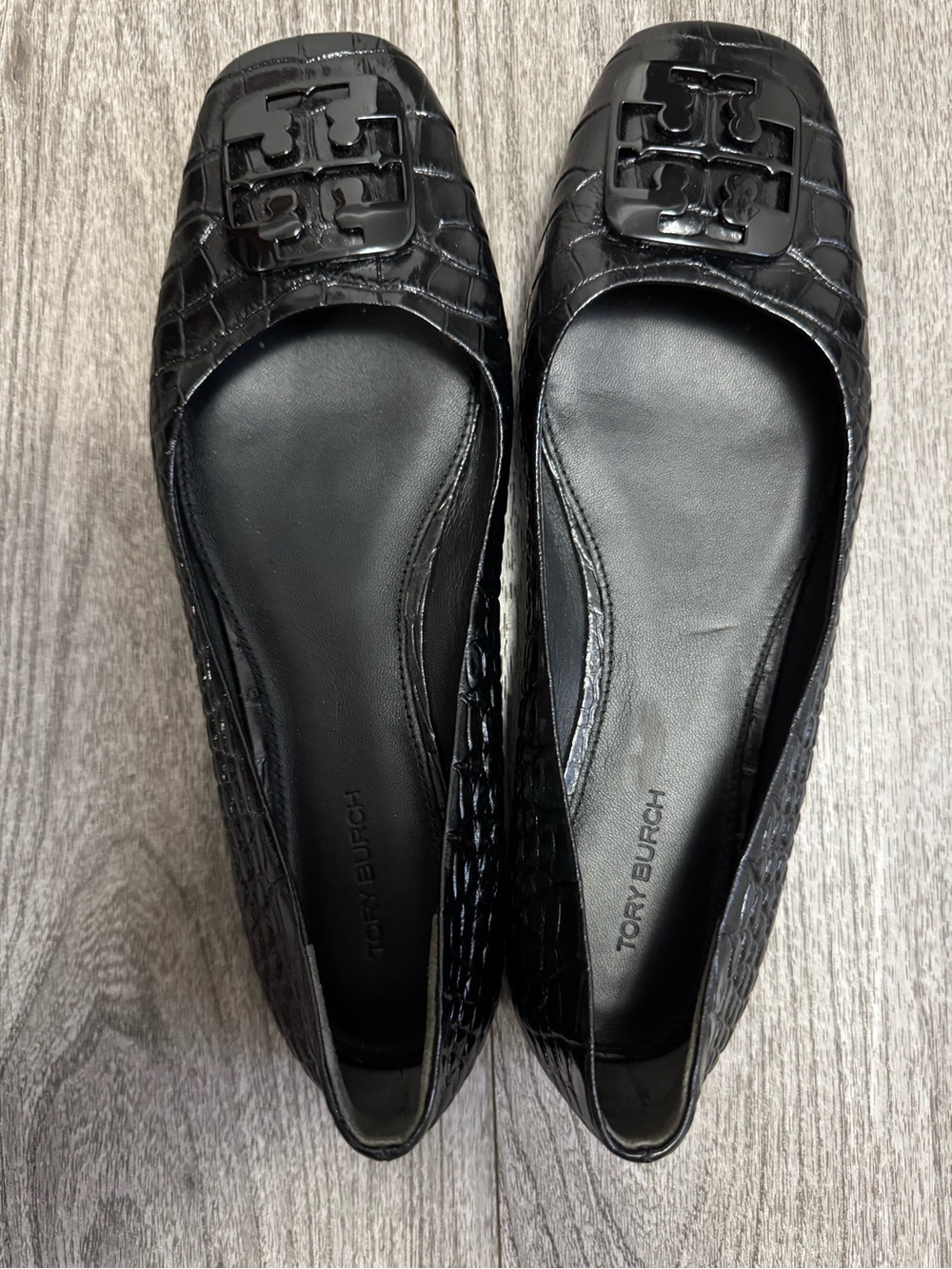 Tory Burch black croc-embossed leather Georgia Ballet Flats 7.5